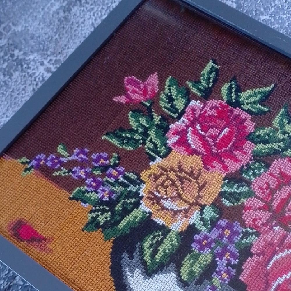 Vintage Needlepoint Art with Red, Pink, Yellow, Green Blooms - Picture 3 of 8